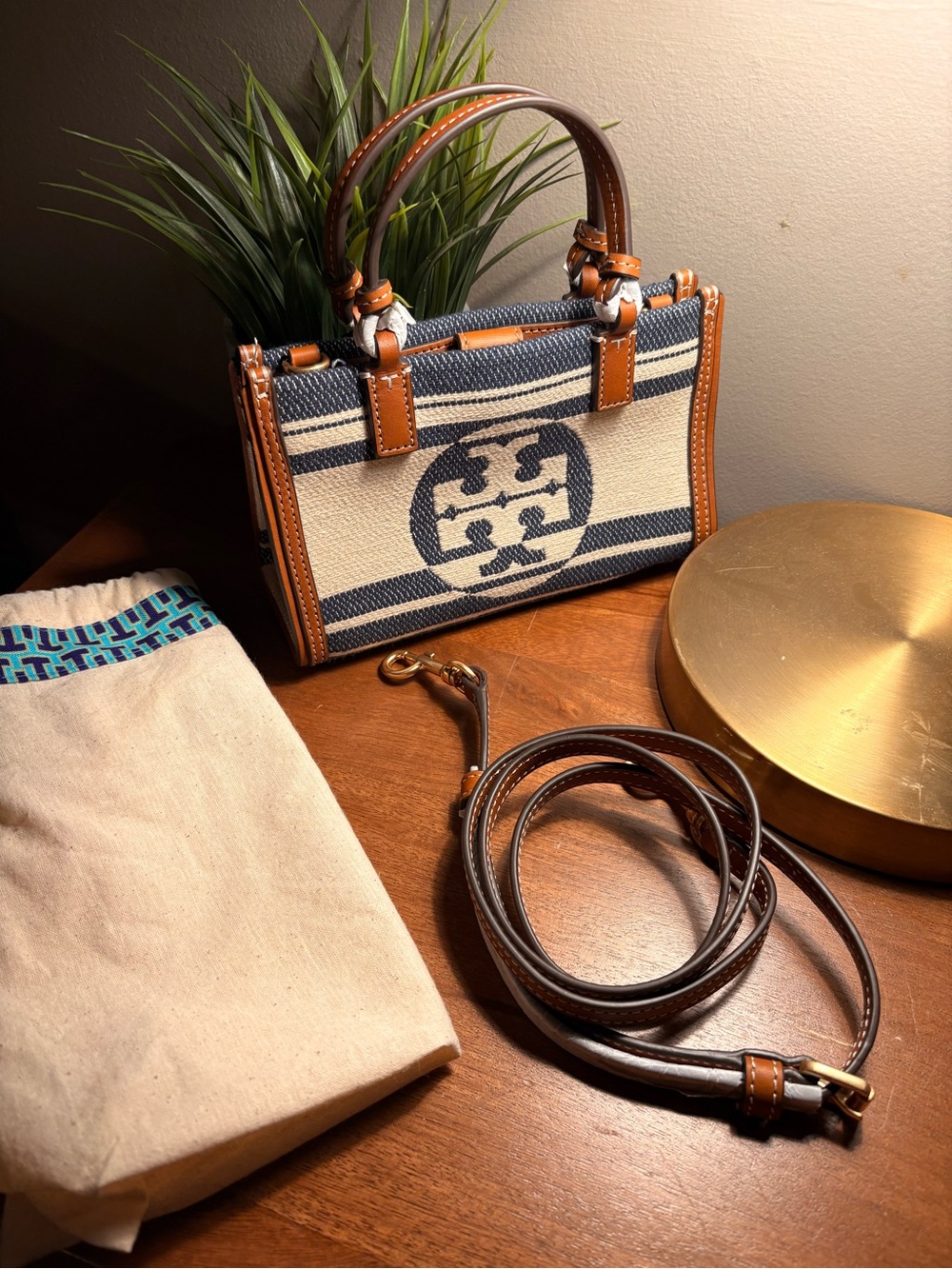 Tory Burch Ella Jacquard Navy & Cream Canvas Mini Satchel with Brown Leather